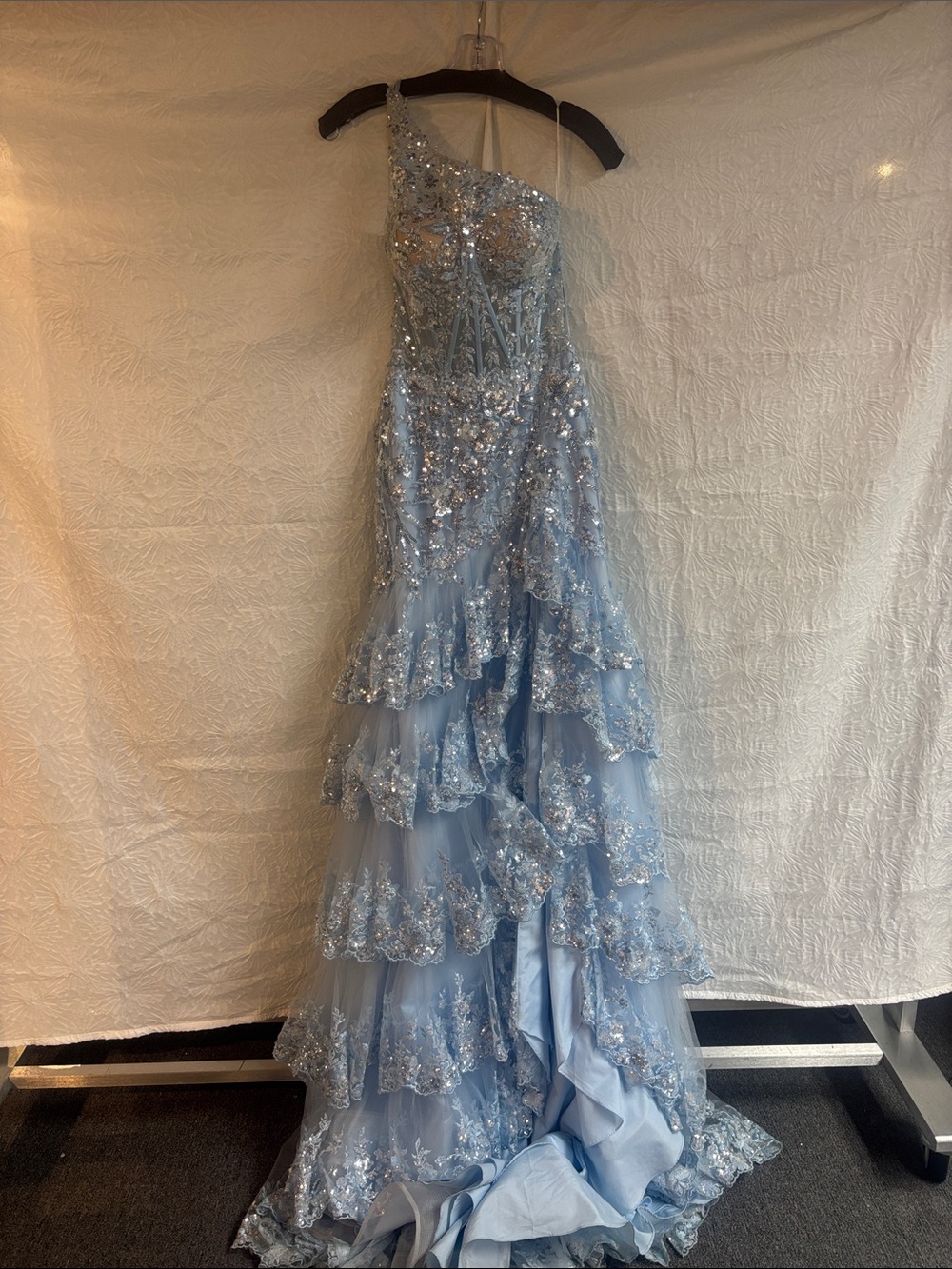Sherri Hill Light Blue One-Shoulder Sequin Tiered Evening Dress
